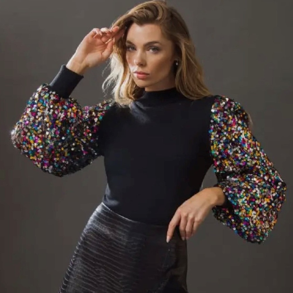 Rib mock neck bodysuit with sequin balloon sleeves